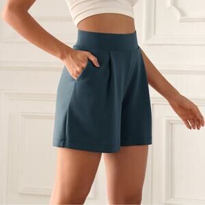 NWT Ododos Shorts Womens M Modal Soft High Waist Wide Leg Pockets Deep Blue